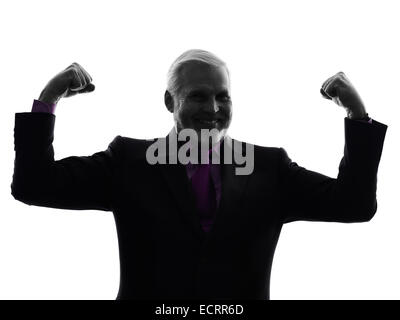 Un homme d'affaires senior Woman flexing muscles silhouette solide fond blanc Banque D'Images