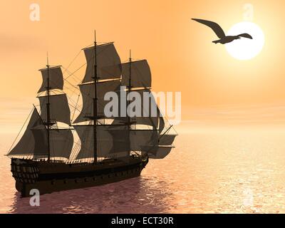 Gros plan d'une belle vieille détaillées navire marchand à côté de mouette par coucher du soleil Banque D'Images