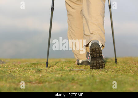 Vue arrière de l'jambes randonneur avec des poteaux marche sur la montagne avec un arrière-plan flou Banque D'Images
