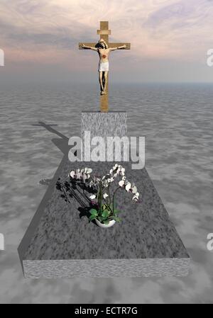 Jésus croix sur base en marbre gris avec fleurs orchidée blanche Banque D'Images