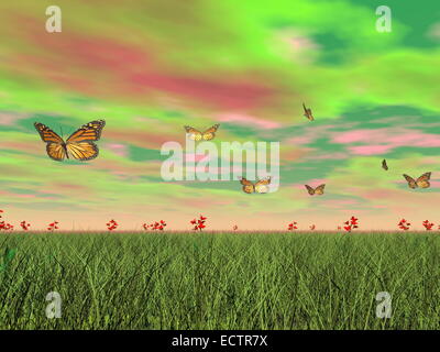 De nombreux monarques battant sur l'herbe avec des fleurs rouges et ciel coloré Banque D'Images