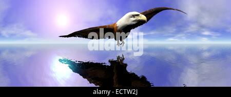 Belle American Bald Eagle flying sur l'océan par le coucher du soleil, effet de 360 degrés Banque D'Images