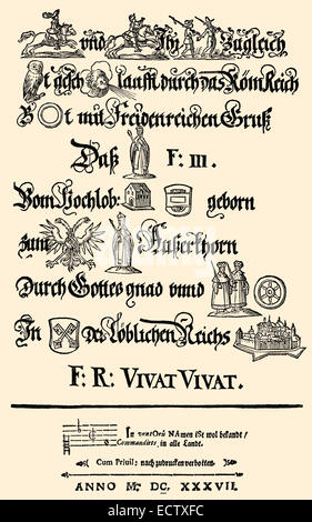 Notice comme un rébus, 1637, le couronnement de Ferdinand III, 1608 - 1657, Saint Empereur Romain, Flugblatt Rebus als zur Krönung von Banque D'Images