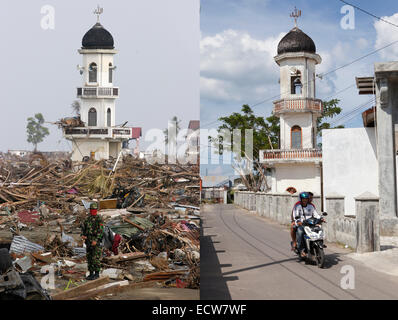 Dans cette image composite une comparaison a été faite entre une scène en 2005 (à gauche) et 2014 (à droite) ***IMAGE DE GAUCHE*** BANDA ACEH, Indonésie - 4 janvier : un membre de l'armée indonésienne monte la garde près du minaret de la mosquée Al- Tawhid après le tsunami à Banda Aceh, Indonésie - 150 kilomètres de sud de l'Asie de l'épicentre du tremblement de terre le mardi 4 janvier 2005. Banda Aceh, Indonésie. ***Bonne IMAGE*** BANDA ACEH, Indonésie - 13 décembre : Les motos ride passé Al- Tawhid mosque avant le dixième anniversaire de la 2004 séisme et le tsunami du 13 décembre 2014, à Banda Aceh, Indones Banque D'Images