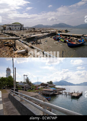 Dans cette image composite une comparaison a été faite entre une scène en 2005 (en haut) et 2014 (EN BAS) ***TOP IMAGE*** Ulee Lheue, ACEH, Indonésie - 4 janvier : La Mosquée Baiturrahm et du front de mer après le tsunami de Ulee Lheue, Aceh, Indonésie - 150 kilomètres de sud de l'Asie de l'épicentre du tremblement de terre le mardi 4 janvier 2005. Banda Aceh, Indonésie. ***IMAGE DU BAS*** BANDA ACEH, Indonésie - 13 Décembre : La Mosquée Baiturrahm reconstruit et du front de mer dans la région de Aceh, Ulee Lheue, l'Indonésie avant le dixième anniversaire de la 2004 séisme et le tsunami du 13 décembre 2014 dans Ulee Banque D'Images