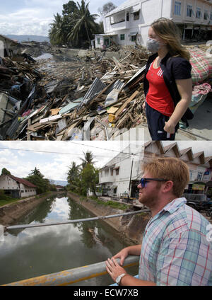 Dans cette image composite une comparaison a été faite entre une scène en 2005 (en haut) et 2014 (EN BAS) ***TOP IMAGE*** BANDA ACEH, Indonésie - 5 janvier : une femme regarde les débris dans un canal après le tsunami à Banda Aceh, Indonésie - 150 kilomètres de sud de l'Asie de l'épicentre du tremblement de terre le mardi 5 janvier 2005. Banda Aceh, Indonésie. ***IMAGE DU BAS*** BANDA ACEH, Indonésie - 15 DÉCEMBRE : Brad Adams ressemble dans un canal avant le dixième anniversaire de la 2004 séisme et le tsunami du 15 décembre 2014, à Banda Aceh, Indonésie. Aceh a été la plus touchée, l'emplacement étant la ferme Banque D'Images