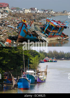 Dans cette image composite une comparaison a été faite entre une scène en 2005 (en haut) et 2014 (EN BAS) ***TOP IMAGE*** BANDA ACEH, Indonésie - 6 janvier : La scène de dévastation sur la rivière Sungai Krueng Aceh après le tsunami à Banda Aceh, Indonésie - 150 kilomètres de sud de l'Asie de l'épicentre du tremblement de terre le mardi 6 janvier 2005. Banda Aceh, Indonésie. ***IMAGE DU BAS*** BANDA ACEH, Indonésie - 12 décembre : Les bateaux sont ancrés sur la rivière Sungai Krueng Aceh avant le dixième anniversaire de la 2004 séisme et le tsunami du 12 décembre 2014, à Banda Aceh, Indonésie. Aceh a été le Banque D'Images