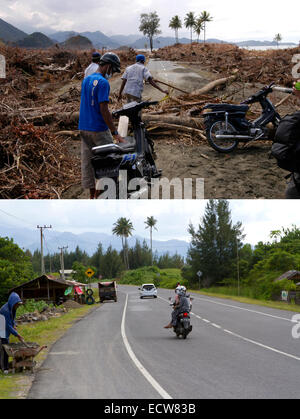 Dans cette image composite une comparaison a été faite entre une scène en 2005 (en haut) et 2014 (EN BAS) ***TOP IMAGE*** LEUPUNG, ACEH, Indonésie - 8 janvier : Les hommes se préparent à se déplacer au-dessus des arbres motos après le tsunami de Leupung, Aceh, Indonésie - 150 kilomètres de sud de l'Asie de l'épicentre du tremblement de terre le mardi 8 janvier 2005. Sautant, Aceh, Indonésie. ***IMAGE DU BAS*** LEUPUNG, ACEH, Indonésie - 13 décembre : Les motos en descendant la route avant le dixième anniversaire de la 2004 séisme et le tsunami du 13 décembre 2014 dans Leupung, Aceh, Indonésie. Aceh a été la plus touchée, l'emplacement Banque D'Images