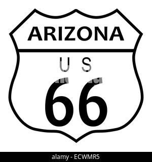 Signe de la circulation de la route 66 sur un fond blanc et le nom de l'état en Arizona Banque D'Images