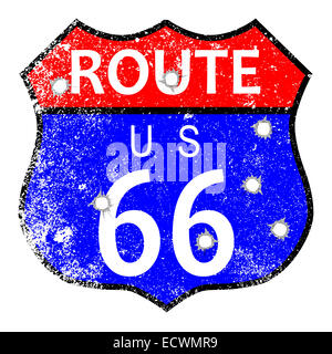 Signe de la circulation de la route 66 avec grunge et trous de balle Banque D'Images