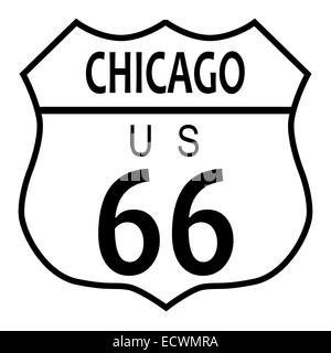 Signe de la circulation de la route 66 sur un fond blanc et le nom de la ville Chicago Banque D'Images