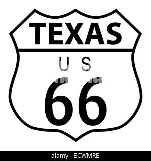 Signe de la circulation de la route 66 sur un fond blanc et le nom de l'état au Texas Banque D'Images