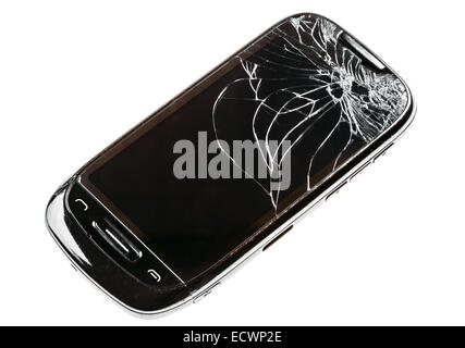 Black Téléphone intelligent avec écran cassé fissuré Isolated Over White Background Banque D'Images