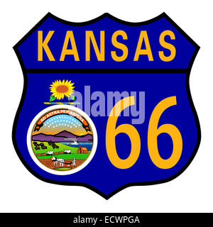 Signe de la circulation de la route 66 sur un fond blanc et le nom de l'état Kansas avec drapeau Banque D'Images