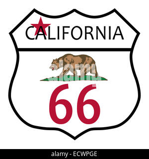 Signe de la circulation de la route 66 sur un fond blanc et le nom de l'état Californie Banque D'Images