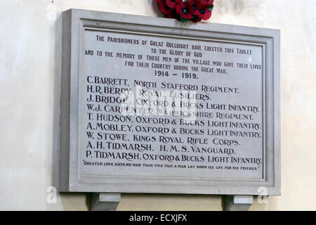 Plaque à la mémoire de la guerre, l'Eglise de Saint-André, Grand Rollright, Oxfordshire, England, UK Banque D'Images