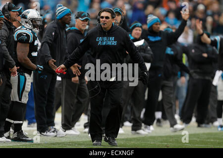 Charlotte, NC, USA. Dec 21, 2014. Carolina Panthers l'entraîneur-chef Ron Rivera questions d'un appel dans un match contre les Browns de Cleveland au stade Bank of America le 21 décembre 2014, à Charlotte, NC. Les Panthère défait les Browns 17-14. Margaret Bowles/CSM/Alamy Live News Banque D'Images