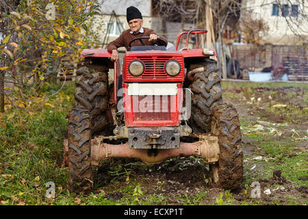 Agriculteur principal sur un vieux tracteur rouge labourer son jardin dans l'arrière-cour Banque D'Images