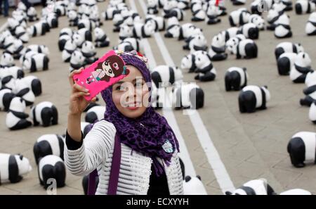 Kuala Lumpur, en Malaisie, 21 Dec, 2014. Les Malaisiennes un prendre un avec la partie de selfies le papier 1 600 pandas, au cours1600 Pandas World Tour en Malaisie le 21 décembre 2014 à Kuala Lumpur, Malaisie. 1600 pandas en papier créé par l'artiste français Paulo Grangeon sont exposés au Merdeka Square, les 1600 Pandas se rendra bientôt à plus de 15 sites importants en Malaisie. Credit : Asyraf Rasid/Pacific Press/Alamy Live News Banque D'Images