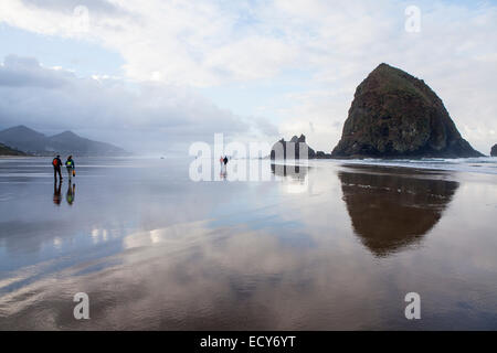 Les nuages se reflètent sur la plage de Cannon Beach, Oregon, United States Banque D'Images