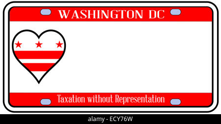 La plaque d'immatriculation de l'état de Washington DC dans les couleurs du drapeau national avec des icônes sur un fond blanc Banque D'Images