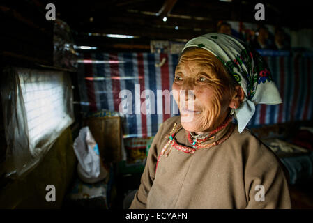 Un nomade femme à sa cabane en bois, en Mongolie Banque D'Images