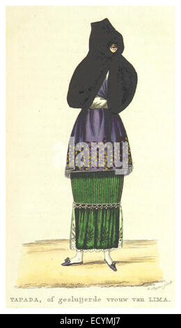 Illustration tirée de l’œuvre de Boelen de 1835, *T2*, représentant *Tapada, Vrouw van Lima*, une figure historique ou une représentation culturelle de Lima, au Pérou. Le dessin offre un aperçu de la culture et du patrimoine péruviens. Banque D'Images