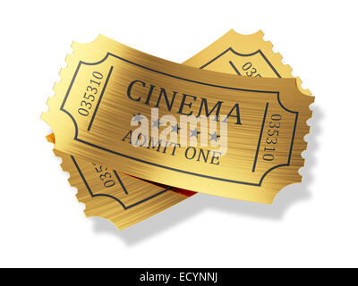 3D render of golden cinema tickets avec ombre isolé sur fond blanc Banque D'Images