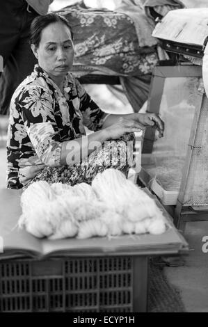 Vietnamienne en tenant les nouilles nouilles coupées à partir d'une machine de découpe et d'emballage en vente dans la petite maison du papier de riz et de nouilles factory dans le Delta du Mékong du Vietnam. Banque D'Images