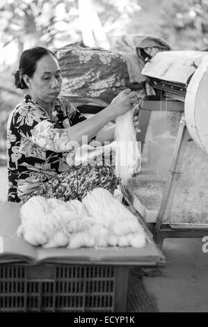 Vietnamienne en tenant les nouilles nouilles coupées à partir d'une machine de découpe et d'emballage en vente dans la petite maison du papier de riz et de nouilles factory dans le Delta du Mékong du Vietnam. Banque D'Images