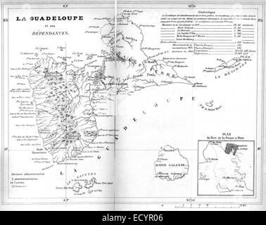 Cette carte de 1880 montre la Guadeloupe et ses dépendances, illustrant la géographie des îles françaises des Caraïbes à la fin du XIXe siècle. Banque D'Images