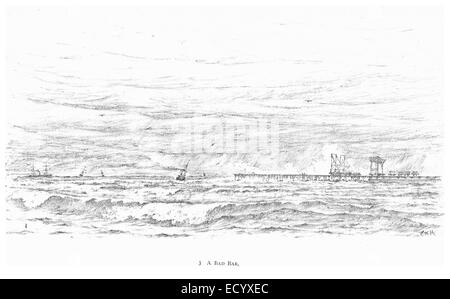 L'illustration de DURBAN (1891) représente une zone côtière connue pour son bar dangereux. Cette « mauvaise barre » fait probablement référence à un banc de sable ou récif dangereux qui posait des risques pour les navires tentant de naviguer dans la zone. Cette carte met en évidence les défis naturels auxquels sont confrontés les marins. Banque D'Images