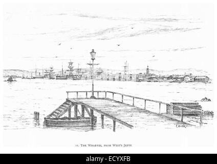 Cette illustration de 1891 représente les quais de Durban vus depuis la jetée de l'Ouest, mettant en évidence l'infrastructure portuaire et l'activité maritime de la ville à la fin du XIXe siècle. Banque D'Images