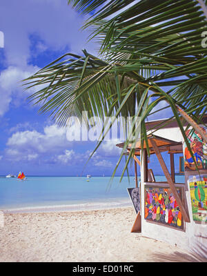 Beach art stall, Jolly Beach Resort, paroisse de Saint Mary's, Antigua, Antigua et Barbuda, Lesser Antilles, Caribbean Banque D'Images
