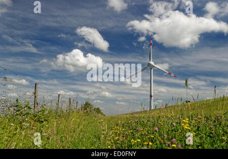 L'Allemagne, l'Ostfriesland, Wind turbine in meadow against cloudy sky Banque D'Images