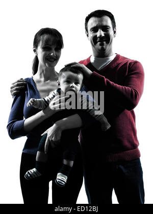 Les parents portrait avec bébé en silhouettes sur fond blanc Banque D'Images