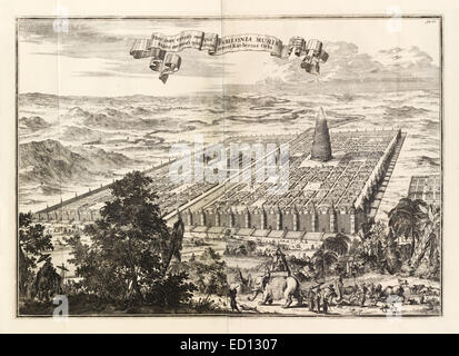 17ème siècle illustration de la Babylonie montrant les jardins suspendus (centre gauche) et la Tour de Babel. Voir la description pour plus d'informations. Banque D'Images