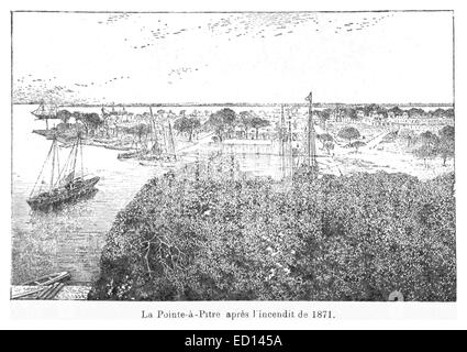 Une image historique représentant les conséquences de l'incendie de 1871 à pointe-à-Pitre, Guadeloupe. L'incendie a causé des dommages importants à la ville, ce qui se reflète dans la sombre représentation du paysage urbain. Banque D'Images
