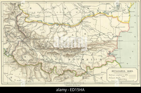 Une carte de 1885 de la Bulgarie, illustrant la configuration géographique et les frontières politiques du pays à la fin du XIXe siècle. La carte donne un aperçu de la position de la Bulgarie au sein de l'Europe pendant une période de développement et de changement nationaux. Banque D'Images