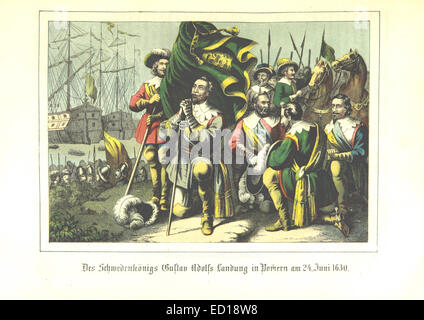 Cette page représente le débarquement du roi Gustave II Adolphe de Suède en Poméranie le 24 juin 1630, marquant un événement militaire important dans l'histoire suédoise pendant la guerre de trente ans. Banque D'Images