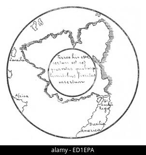 Une illustration de l'œuvre de Rainaud de 1893, montrant la représentation des terres australes (Terra Australis) sur une carte du monde de style Mercator de 1538, mettant en évidence les premières représentations cartographiques européennes de l'hémisphère sud. Banque D'Images