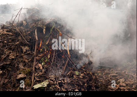 Feu de fumée se débarrasser des déchets de jardin feuilles boutures brindilles refuser provoquant des perturbations et à la pollution de l'air aux voisins Banque D'Images