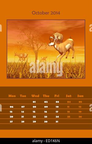 Calendrier anglais colorés pour octobre 2014 - chasse à l'antilope lionness, 3D render Banque D'Images