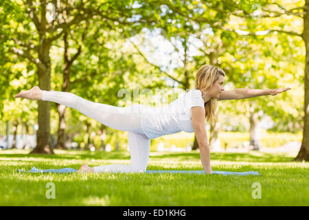 Blonde fit faire du yoga dans le parc Banque D'Images