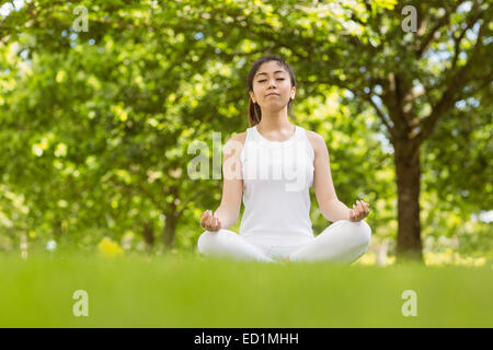 Santé de la jeune femme assise en lotus posent au park Banque D'Images