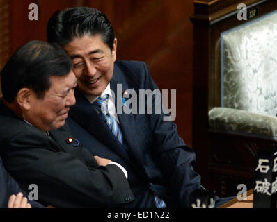 Tokyo, Japon. Le 24 décembre, 2014. La décision du président du Japon Parti libéral démocrate (LDP) Shinzo Abe (R) parle avec Camille LDP Ishiba Shigeru au cours de la réunion à chambre basse à Tokyo, Japon, le 24 décembre 2014. La décision du président du Japon Parti libéral démocrate (LDP) Shinzo Abe le mercredi acquise 328 votes à la chambre basse de 475 sièges au cours d'un premier ministre l'élection et a été réélu en tant que le premier ministre du pays. Credit : Ma Ping/Xinhua/Alamy Live News Banque D'Images