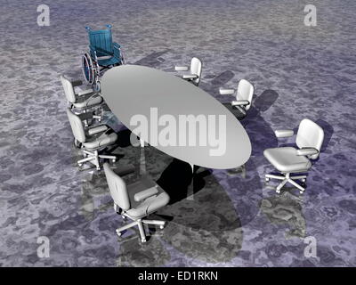 Un fauteuil roulant à côté d'autres chaises et table de réunion d'affaires Banque D'Images