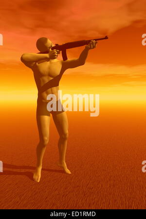 Hunter man holding rifle en orange fond coucher de soleil Banque D'Images