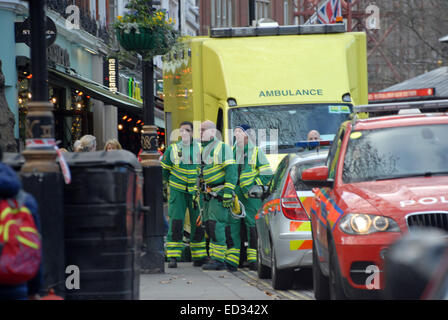 Londres, Royaume-Uni, 24 décembre 2014. L'amour des militants du logement manifestation devant 2 Charing Cross Road, après que la police d'expulser de l'accroupissement. La police et les ambulances, comme les manifestants occupent balcon. Credit : JOHNNY ARMSTEAD/Alamy Live News Banque D'Images