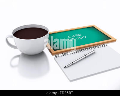 Moteur de rendu 3d illustration. notepad et tasse de café. étude concept. isolé sur fond blanc Banque D'Images